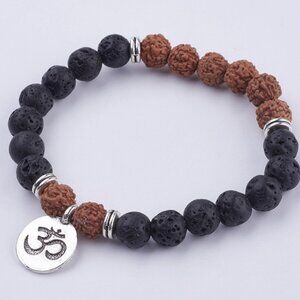 NWOT - Natural Rudraksha beads with Lava Stone stretch Bracelet Handmade